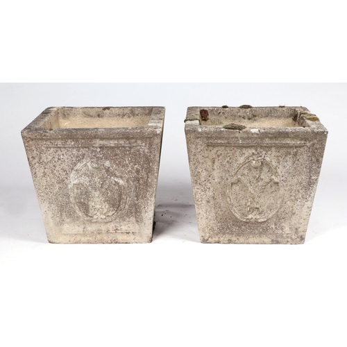 9 - A pair of well weathered reconstituted stone square planters, 36cms wide.  (2).