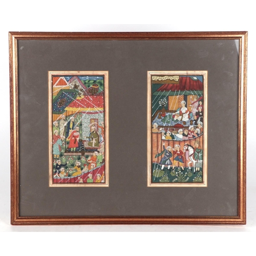 923 - A pair of 19th century Indo-Persian hand illuminated pages from the Koran, framed & glazed in a doub... 