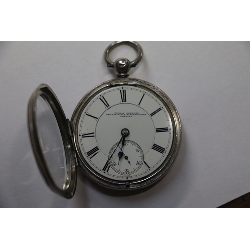 629 - A silver cased Thomas Wheeler open faced railway watch, the white enamel dial with Roman numerals an... 