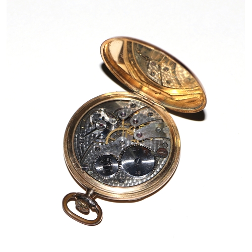 628 - A Rolex gold plated open faced pocket watch with Arabic numerals and subsidiary seconds dial, 4.5cms... 