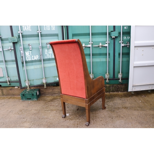 1025 - A pair of walnut high back throne type chairs with lion paw front feet (2).