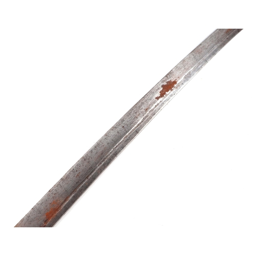 103 - An Asian sword in metal bound leather scabbard, overall 96cms long.