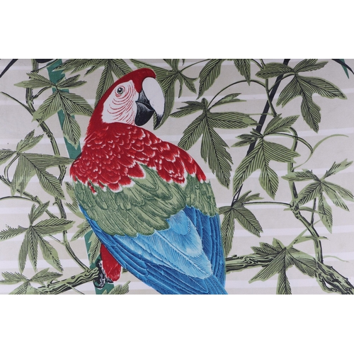 123 - A printed textile panel depicting a macaw parrot, 46 by 87cms.