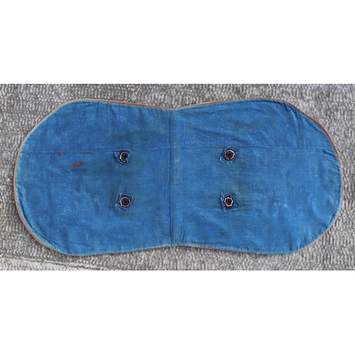 126 - A Chinese saddle rug with two central medallions and bats on a blue ground, 115cms long.