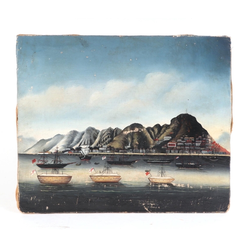 148 - A mid 19th century naïve oil on board depicting Victoria City, Hong Kong Harbour, oil on textile lai... 