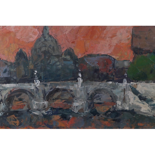 162 - Romano (Italian school) - Bridge Scene - signed lower left, oil on board, framed, 60 by 39cms.