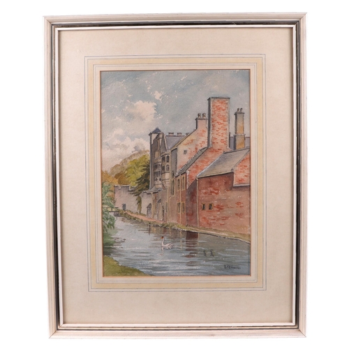 168 - B P Edwards (modern British) - The Palace, Wells - river scene with a swan, signed lower right, wate... 