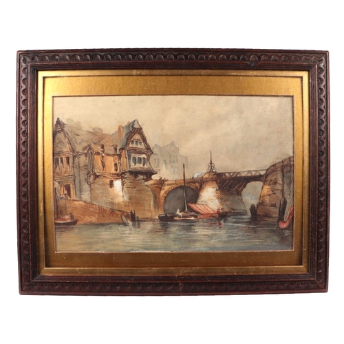 171 - Emma Coulean (continental school) - River Scene with Bridge - watercolour, framed & glazed, 35 by 23... 