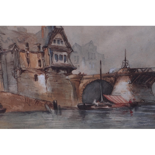 171 - Emma Coulean (continental school) - River Scene with Bridge - watercolour, framed & glazed, 35 by 23... 