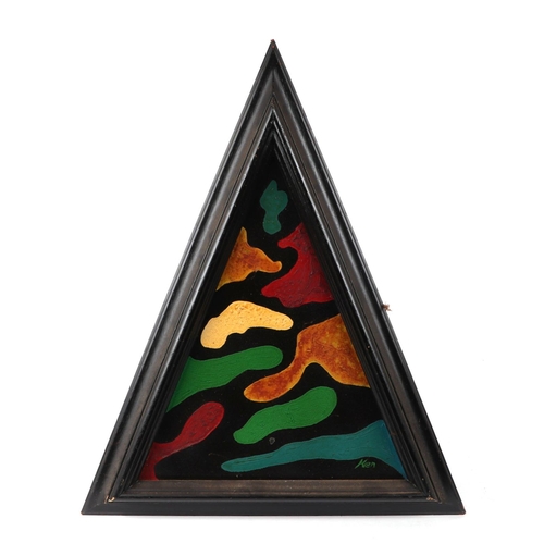 182 - Ken Lindores (modern British) - a series of seven triangular abstracts, oil on canvas, each signed '... 