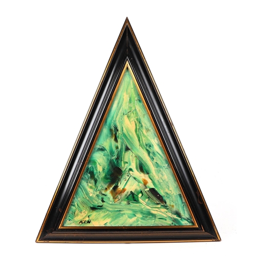 182 - Ken Lindores (modern British) - a series of seven triangular abstracts, oil on canvas, each signed '... 