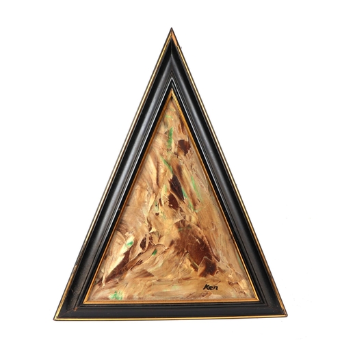 182 - Ken Lindores (modern British) - a series of seven triangular abstracts, oil on canvas, each signed '... 