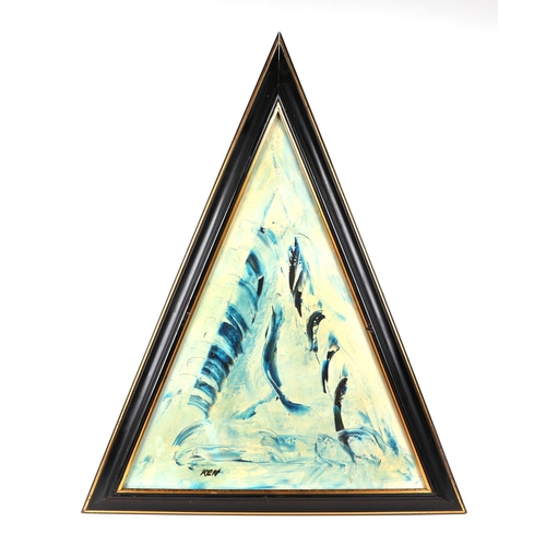 183 - Ken Lindores (modern British) - a series of eight triangular abstracts, oil on canvas, each signed '... 