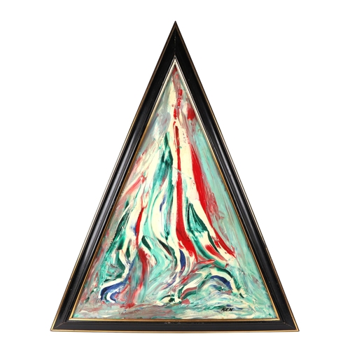 184 - Ken Lindores (modern British) - a series of six large triangular abstracts, oil on canvas, each sign... 