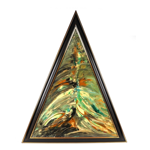 184 - Ken Lindores (modern British) - a series of six large triangular abstracts, oil on canvas, each sign... 