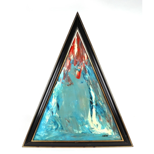 185 - Ken Lindores (modern British) - a series of six large triangular abstracts, oil on canvas, each sign... 