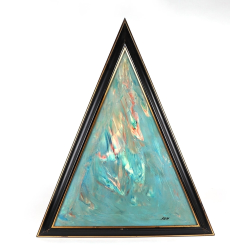 185 - Ken Lindores (modern British) - a series of six large triangular abstracts, oil on canvas, each sign... 