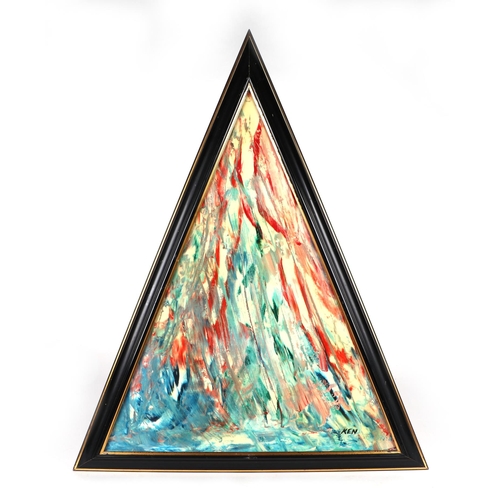 185 - Ken Lindores (modern British) - a series of six large triangular abstracts, oil on canvas, each sign... 