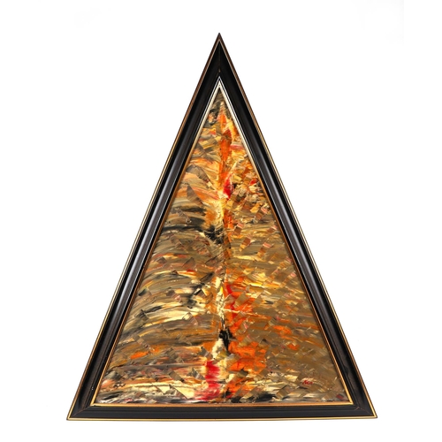 185 - Ken Lindores (modern British) - a series of six large triangular abstracts, oil on canvas, each sign... 