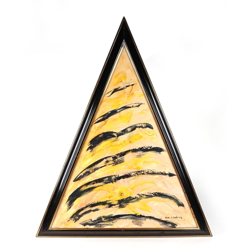 186 - Ken Lindores (modern British) - a series of six large triangular abstracts, oil on canvas, each sign... 