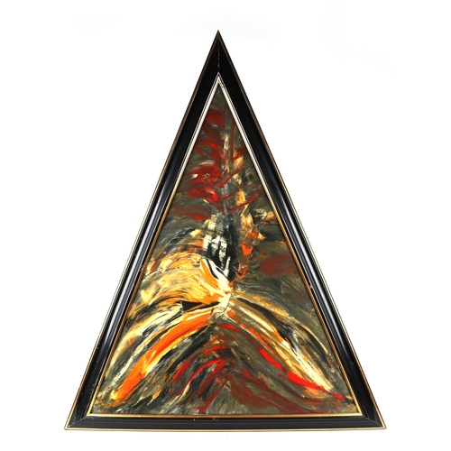 187 - Ken Lindores (modern British) - a series of six large triangular abstracts, oil on canvas, each sign... 