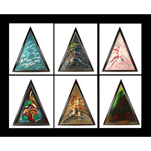 188 - Ken Lindores (modern British) - a series of six large triangular abstracts, oil on canvas, each sign... 