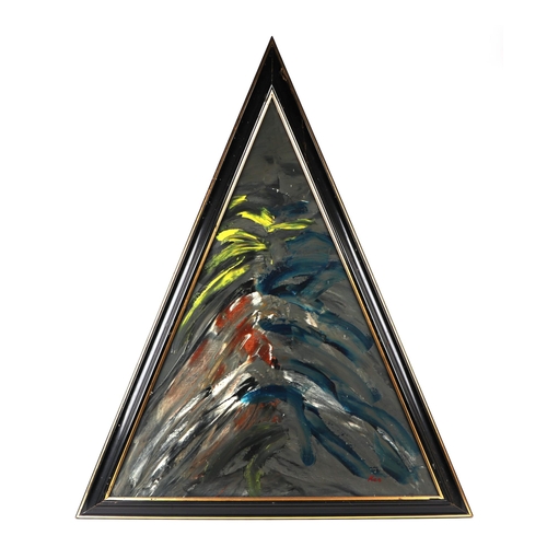 188 - Ken Lindores (modern British) - a series of six large triangular abstracts, oil on canvas, each sign... 