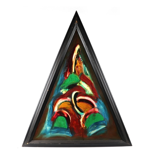 188 - Ken Lindores (modern British) - a series of six large triangular abstracts, oil on canvas, each sign... 