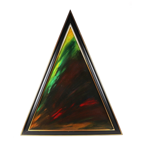 188 - Ken Lindores (modern British) - a series of six large triangular abstracts, oil on canvas, each sign... 