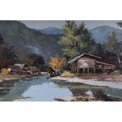 193 - Som Boon (Thai school) - River Scene with Buildings on the Riverbank and Mountains in the Distance -... 