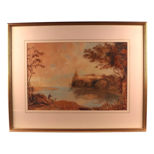 197 - 19th century school - Two Figures Fishing Beside a Lake - watercolour, framed & glazed, 56 by 38cms.