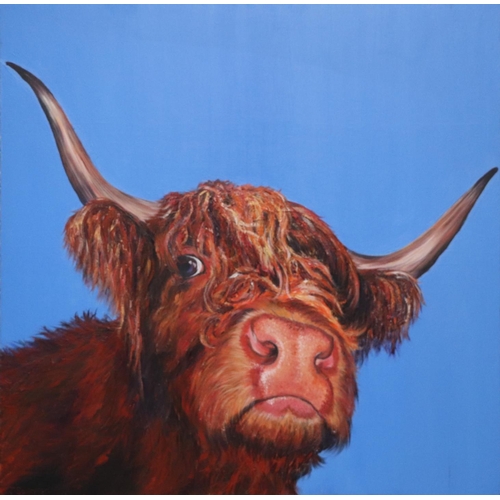 203 - J Squire (modern British) - Highland Cattle - head & shoulder portrait, acrylic on canvas, 103 by 10... 