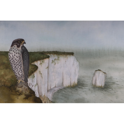 206 - Sarah Stevens (modern British) - Peregrine View - silk embroidered panel, titled, signed & dated in ... 