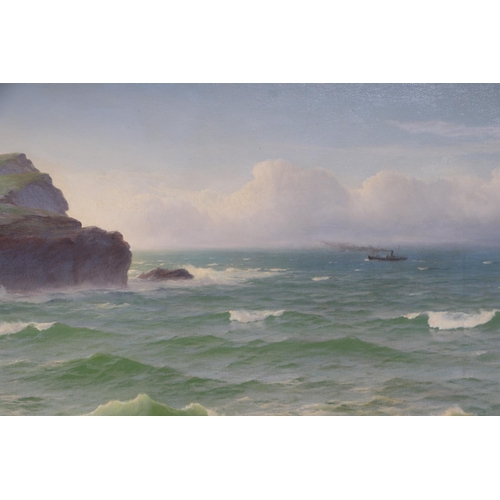 211 - David James (British 1853-1904) - Seascape with Choppy Seas and a Steam Ship in the Distance - oil o... 