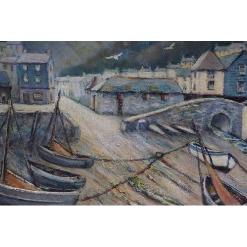 214 - 20th century school - Boats at Low Tide - oil on board, framed, 37 by 27cms.