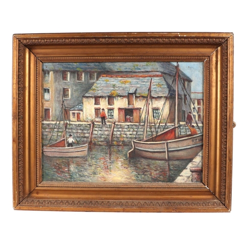 216 - A Devon Harbour scene, oil on board, indistinctly initialled lower right with Royal Academy label to... 