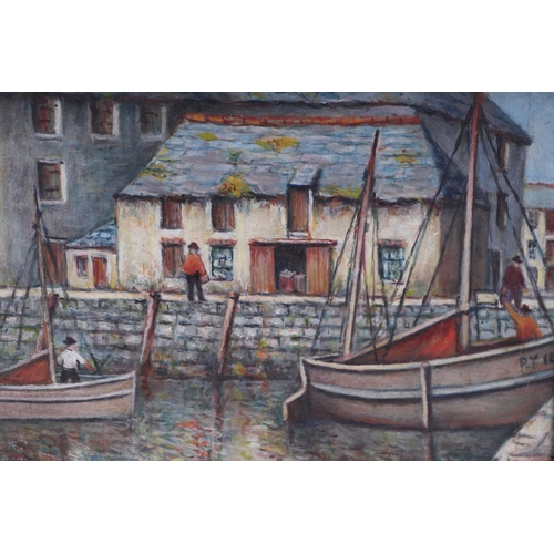 216 - A Devon Harbour scene, oil on board, indistinctly initialled lower right with Royal Academy label to... 