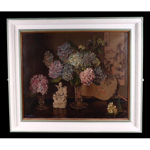 218 - William Turner - Still Life of Hydrangeas in a Vase with Oriental Scroll Painting Behind - signed lo... 