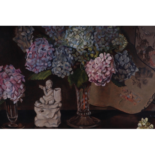 218 - William Turner - Still Life of Hydrangeas in a Vase with Oriental Scroll Painting Behind - signed lo... 