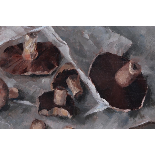 221 - Percival (20th century British) - Study of Mushrooms - oil on board, framed, 35 by 24cms.