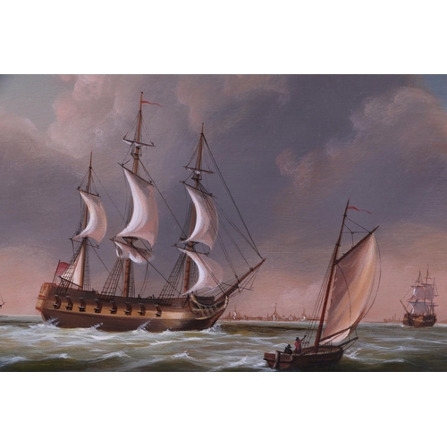 223 - A 19th century style seascape with a three masted ship, oil on board, framed, 29 by 24cms.