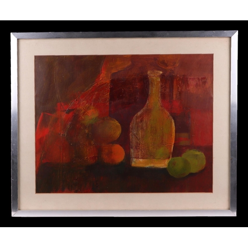 225 - 20th century school - Still Life of Fruit and a Bottle - oil on board, framed, 45 by 36cms.