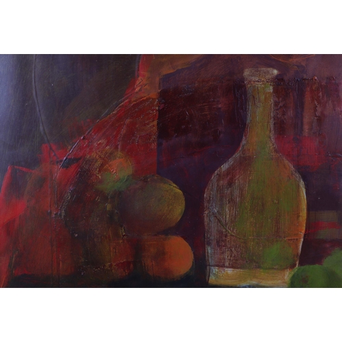 225 - 20th century school - Still Life of Fruit and a Bottle - oil on board, framed, 45 by 36cms.