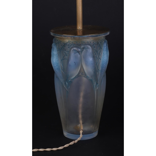 239 - A Rene Lalique opalescent glass Celyan vase, converted to a table lamp (drilled 2.5cms above the low... 