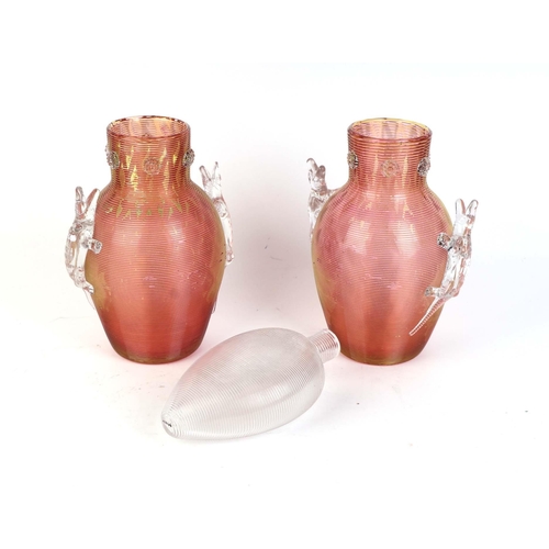 242 - An unusual pair of  late Victorian threaded gold over cranberry glass vases, probably by Stevens & W... 