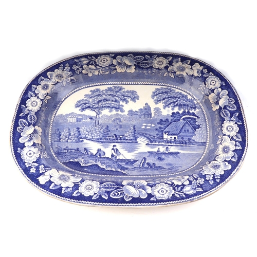 268 - A blue & white transfer printed pottery meat plate, 46cms wide; together with three similar meat pla... 