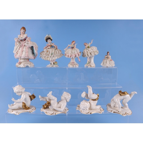 280 - A group of continental crinoline lady figurines to include two Dresden examples, largest 16cm high; ... 