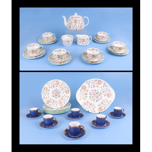 292 - A Minton Haddon Hall pattern teaset; together with six Savoy China coffee cans and saucers.