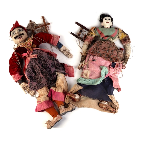 341 - Four late 19th / early 20th century Burmese marionette dolls with articulated hands and mouths, pain... 