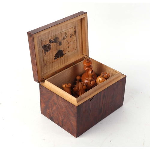 345 - A Jaques of London boxwood and ebony chess set in a rosewood box, king height 8.5cms.